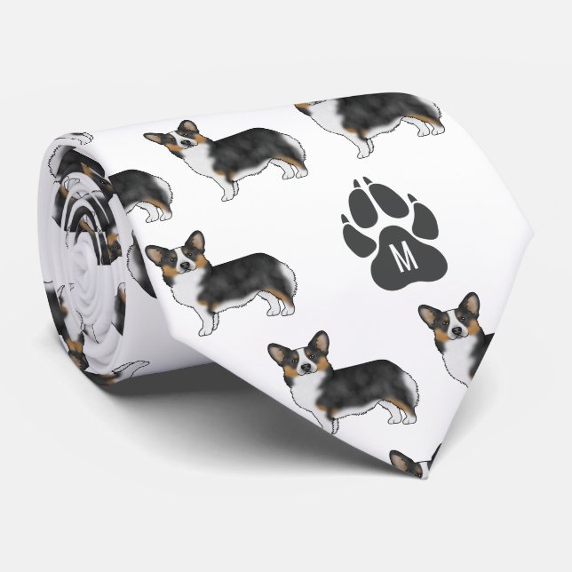 Black Tri Pembroke Welsh Corgi Pattern Monogram Tie (Rolled)