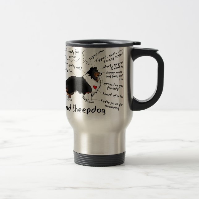 Black tri sheltie travel mug (Right)