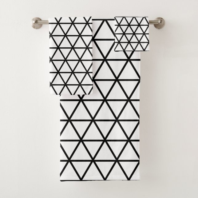 Black Triangle Geometric Pattern on White Bath Towel Set (Insitu)