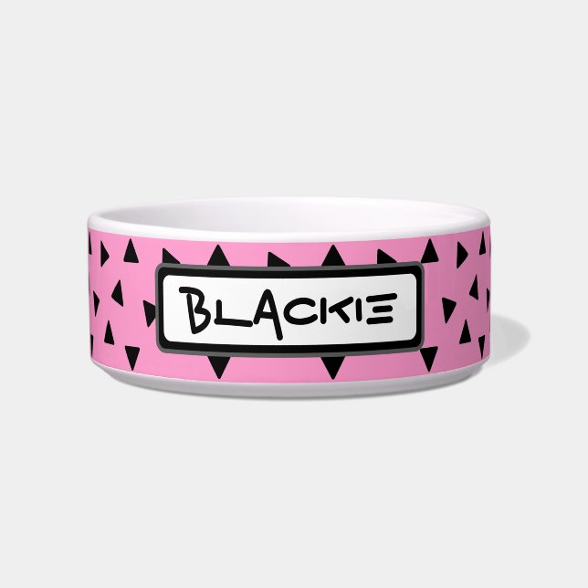 Black Triangle Pattern Personalised Pink Pet Bowl (Front)