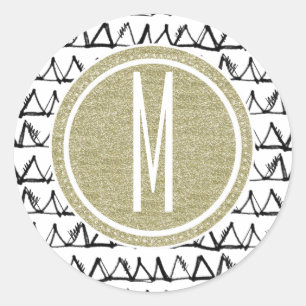 Black Triangles Gold Glitter Monogram Classic Round Sticker