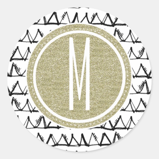 Black Triangles Gold Glitter Monogram Classic Round Sticker (Front)