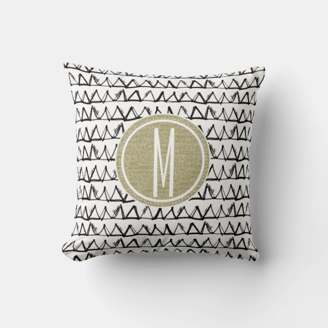 Black Triangles Gold Glitter Monogram Cushion (Front)