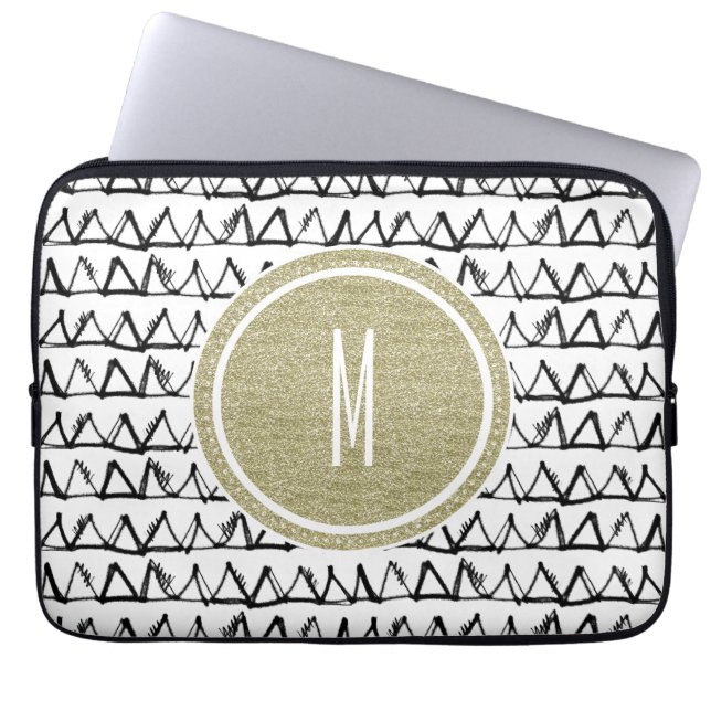 Black Triangles Gold Glitter Monogram Laptop Sleeve (Front)