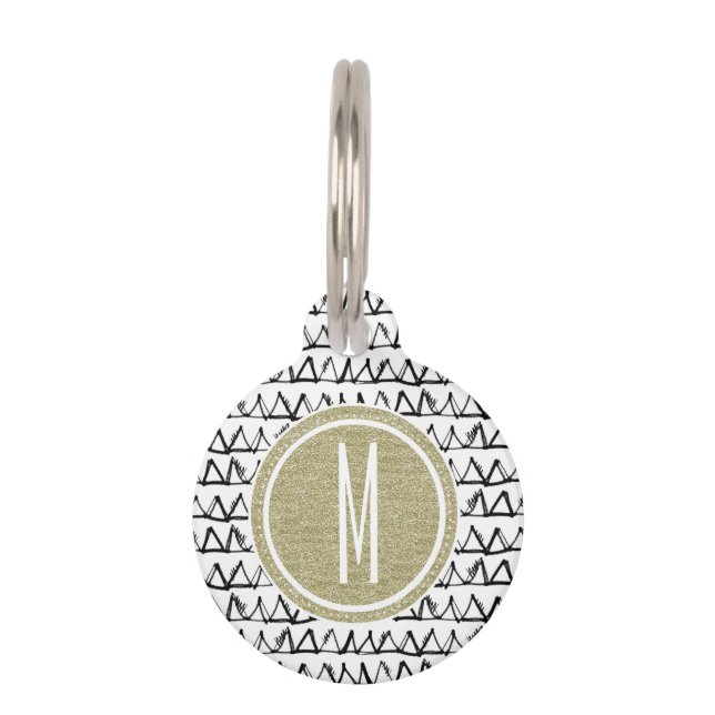 Black Triangles Gold Glitter Monogram Pet Tag (Back)