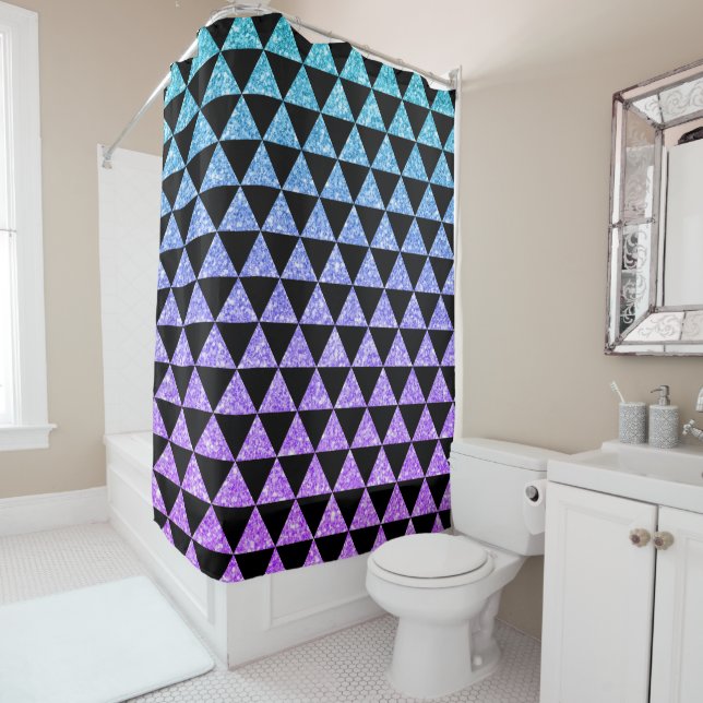 Black Triangles Purple & Blue Glitter Texture Shower Curtain (In Situ)