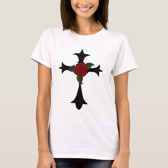 Black Tribal Cross With A Rose T-Shirt (Front)