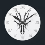 Black Tribal Deer Skull Hunting Design Round Clock<br><div class="desc">Make a bold statement with this unique, intricately detailed Deer Skull Tribal Design. Featuring a striking black and white image, this artwork reimagines the classic hunting trophy with a dark, modern edge. Perfect for deer hunters looking for gear that stands out from the traditional camo, this "scary-cool" tribal aesthetic adds...</div>