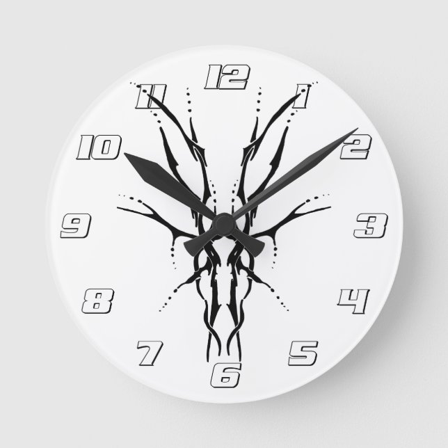 Black Tribal Deer Skull Hunting Design Round Clock (Front)