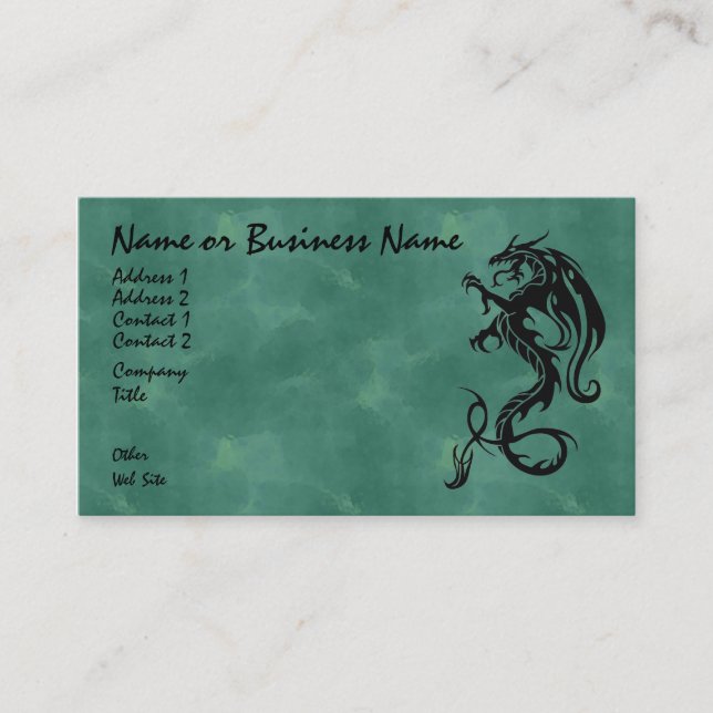 Black Tribal Dragon on Green Business Card (Front)