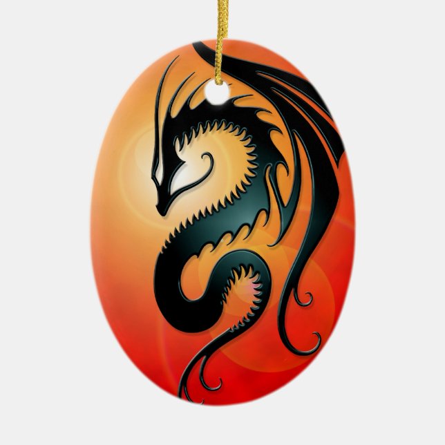 Black Tribal Dragon, red Ceramic Tree Decoration (Front)