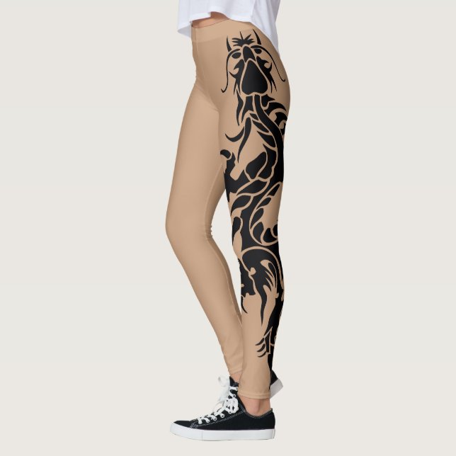 Black Tribal Dragon Tattoo In Skin Colour Leggings (Left)