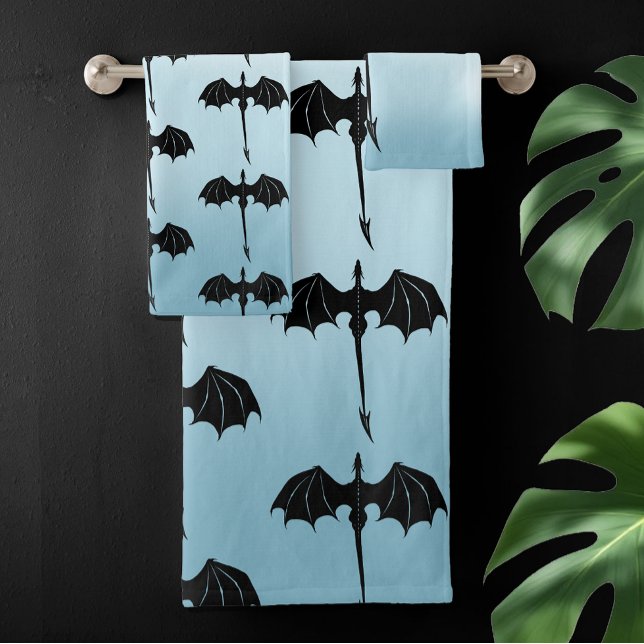 Black Tribal Flight Dragon Fantasy Blue Sky Bath Towel Set (Creator Uploaded)