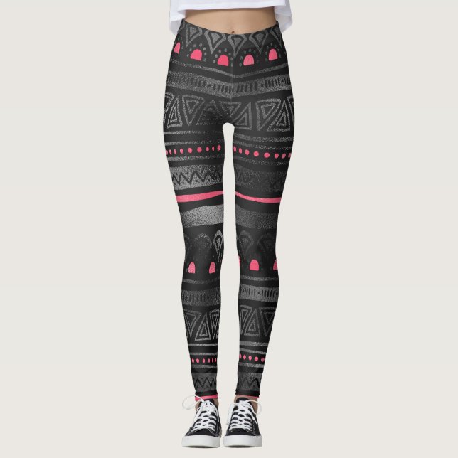 Black Tribal Print with Pink Accents Leggings (Front)