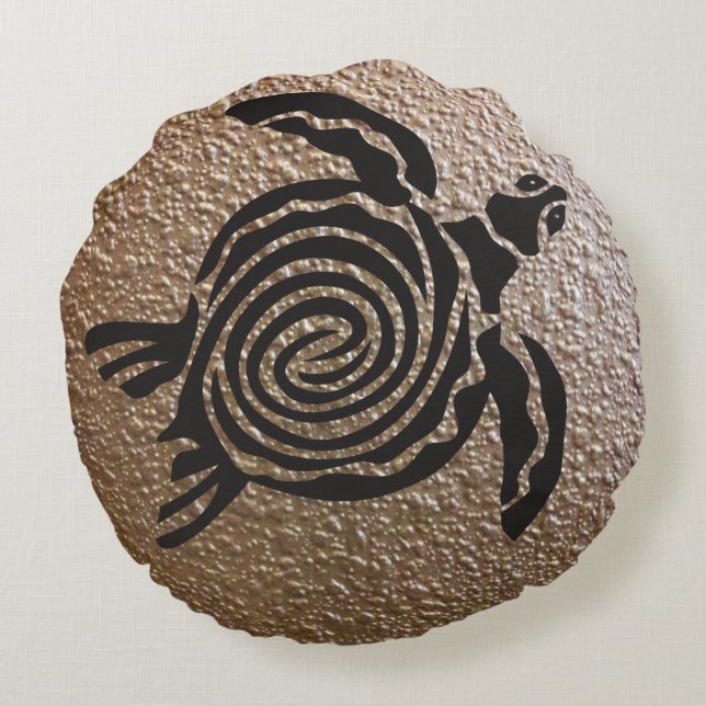 Black Tribal Spiral Sea Turtle Round Cushion (Back)