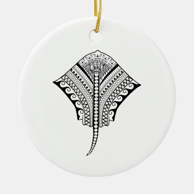 Black Tribal Stingray Manta Ray Ceramic Tree Decoration (Front)
