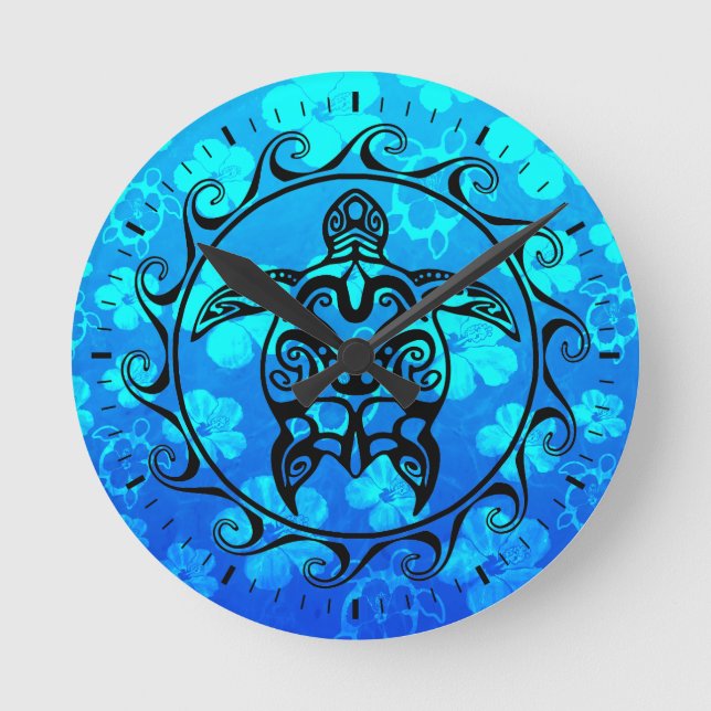 Black Tribal Turtle Round Clock (Front)