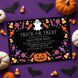 Black Trick or Treat Candy Kids Halloween Party Invitation