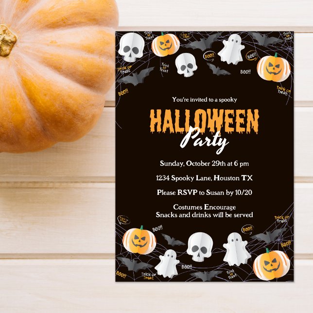 Black Trick or Treat Halloween Costume Party Invitation (Creator Uploaded)