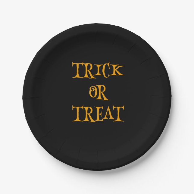 Black trick or treat Halloween  Paper Plate (Front)