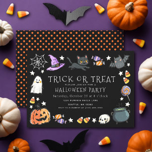 Black Trick or Treat Kids Crayon Halloween Party  Invitation