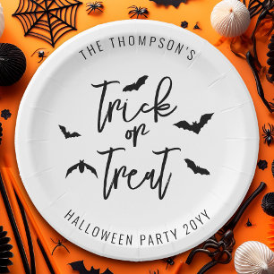 Black Trick Or Treat Typography And Bats Halloween Paper Plate