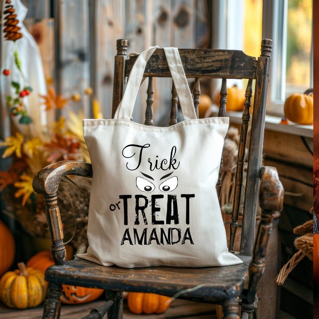 Black trick or treat typography Spooky Ghoul Eyes Tote Bag (Trick or Treat cute typography bag. )