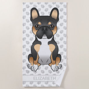Black Tricolor French Bulldog Frenchie Dog & Name Beach Towel