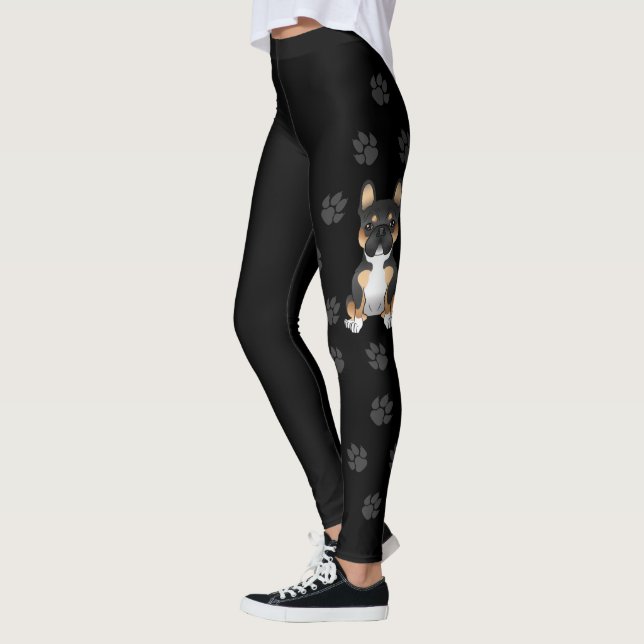 Black Tricolor French Bulldog Frenchie Dog & Paws Leggings (Left)