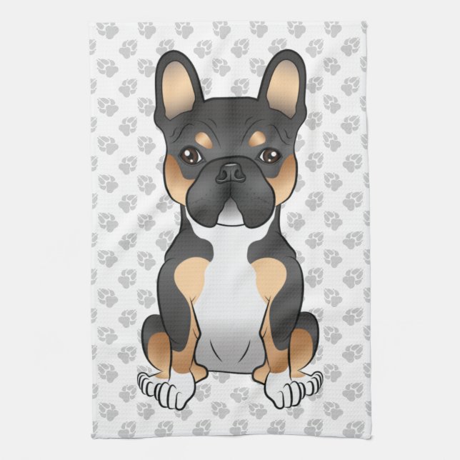 Black Tricolor French Bulldog Frenchie Dog & Paws Tea Towel (Vertical)