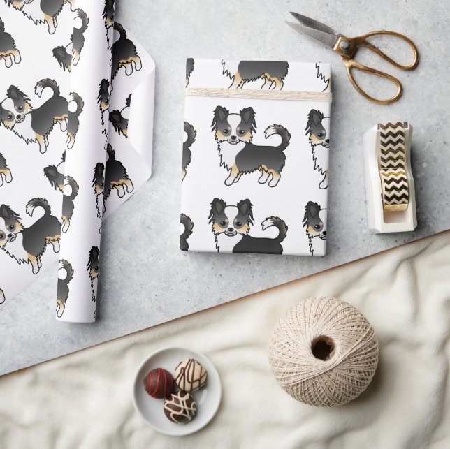 Black Tricolor Long Coat Chihuahua Dog Pattern Wrapping Paper (Crafts)