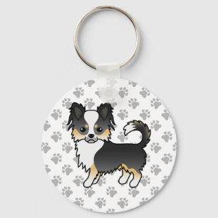 Black Tricolor Long Coat Chihuahua Dog & Paws Key Ring