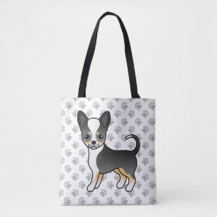 Black Tricolor Smooth Coat Chihuahua Dog & Paws Tote Bag