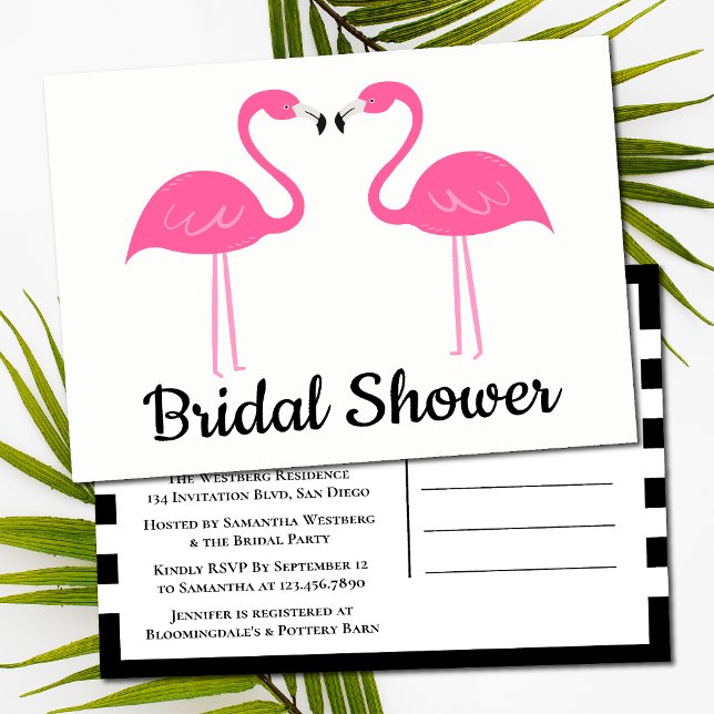 Black Tropical Beach Pink Flamingo Bridal Shower Invitation Postcard (Creator Uploaded)