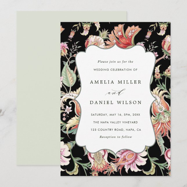 Black | Tropical Fantasy Boho Floral Wedding Invitation (Front/Back)