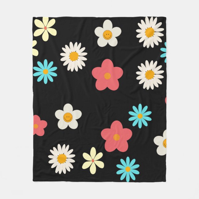 Black Tropical Floral Botanical Spring Summer  Fleece Blanket (Front)