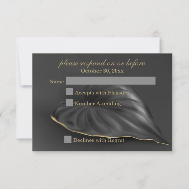 Black Tropical Leaf Gold Trim RSVP Card (Front)