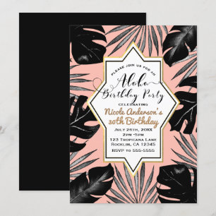 Black Tropical Leaves & Coral Peach Gold Birthday Invitation