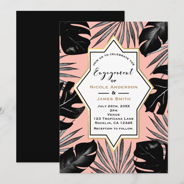 Black Tropical Leaves Coral Peach Gold Engagement Invitation (Front/Back)