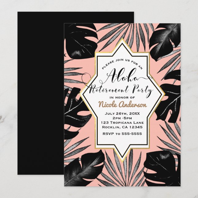 Black Tropical Leaves Coral Peach Gold Retirement Invitation (Front/Back)