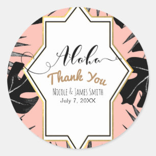 Black Tropical Leaves & Coral Peach Gold Wedding Classic Round Sticker