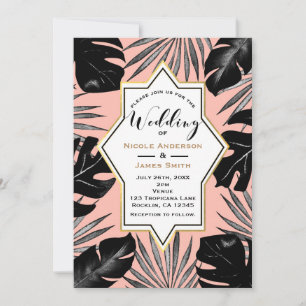 Black Tropical Leaves & Coral Peach Gold Wedding Invitation