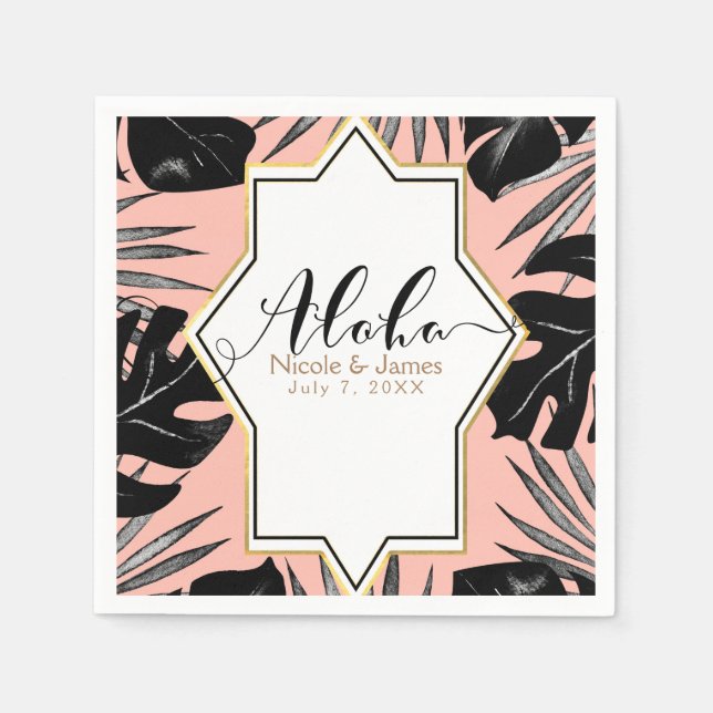 Black Tropical Leaves & Coral Peach Gold Wedding Napkin (Front)