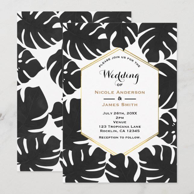 Black Tropical Leaves White & Gold Chic Wedding Invitation (Front/Back)