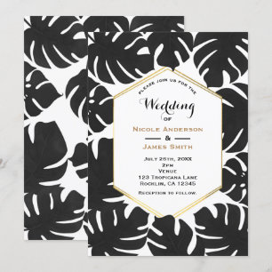Black Tropical Leaves White & Gold Chic Wedding Invitation