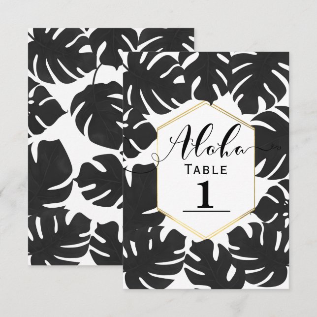 Black Tropical Leaves White Gold Table Number (Front/Back)