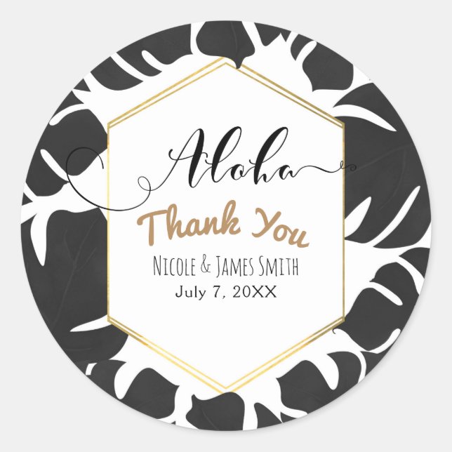 Black Tropical Leaves White & Gold Wedding Classic Round Sticker (Front)