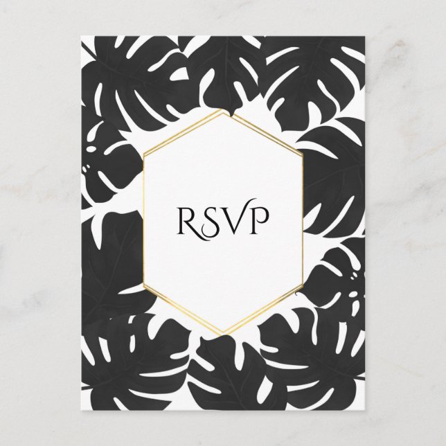 Black Tropical Leaves White & Gold Wedding RSVP Invitation Postcard (Front)