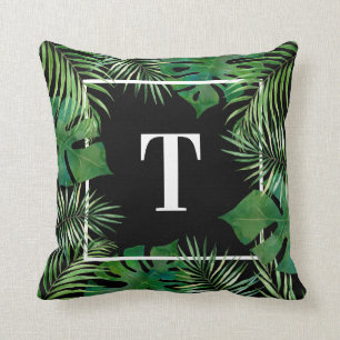 Black Tropical Palm Leaf Botanical Monstera Leaf Cushion