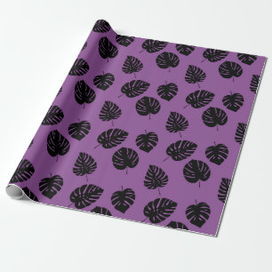 Black Tropical Palm Leaves Violet Summer Pattern Wrapping Paper